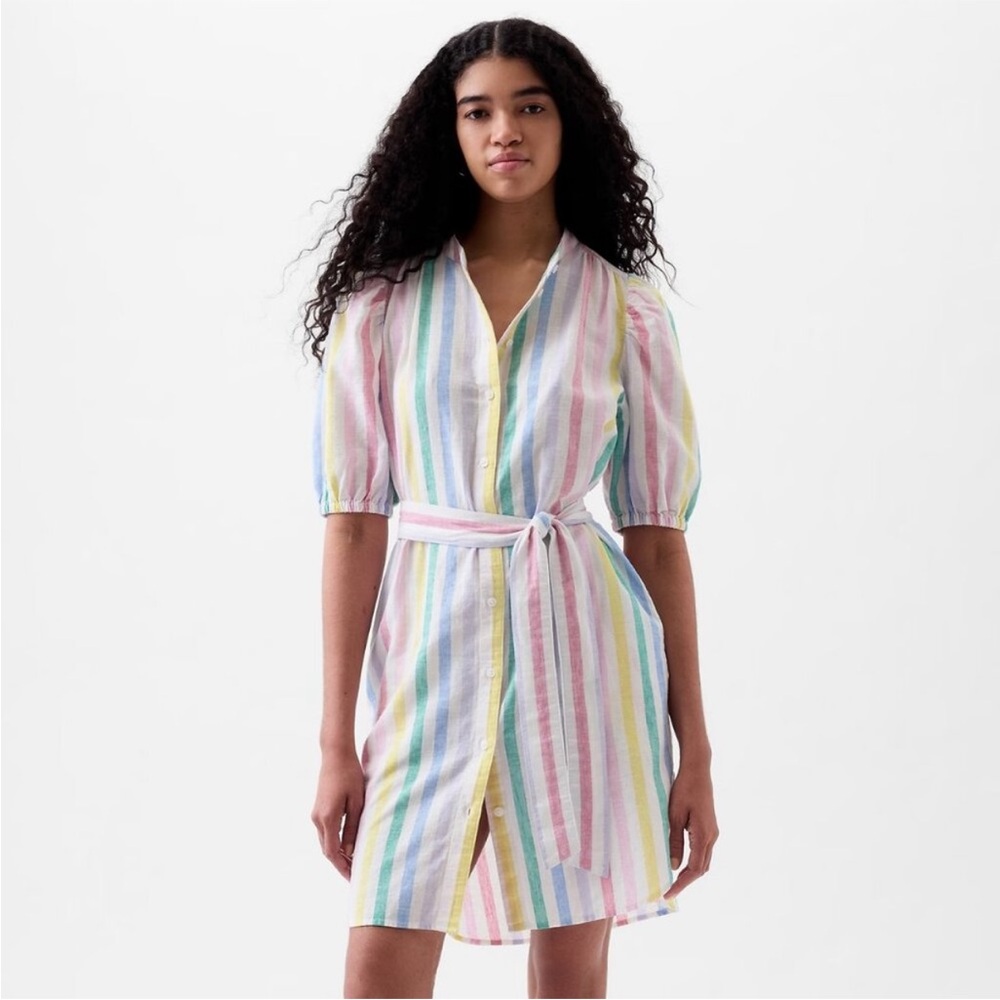 GAP Multicolor Striped Linen Cotton Dress Button Up Tie Waist Rainbow Pastel